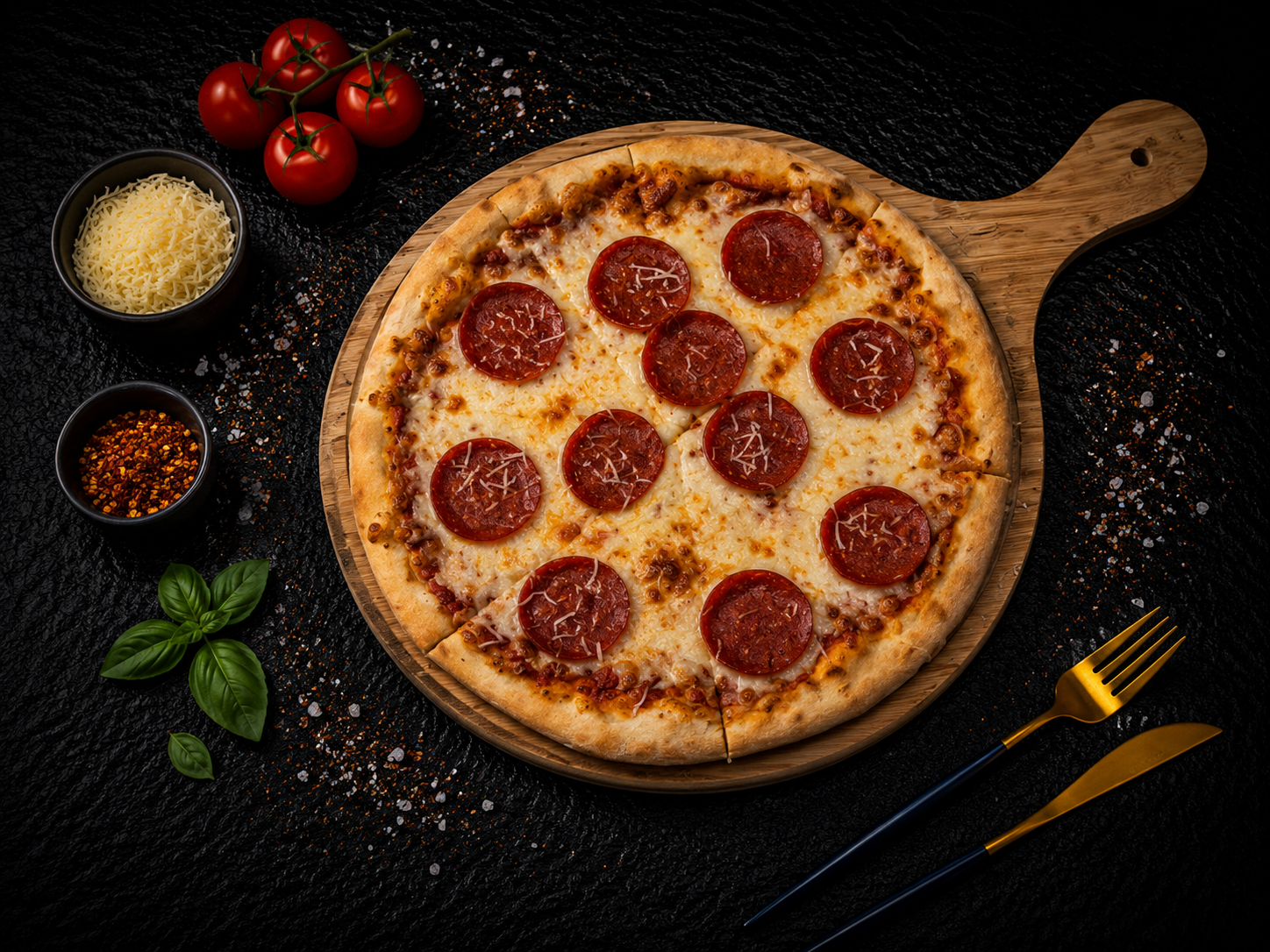 Pepperoni pizza with mozzarella on a wooden board